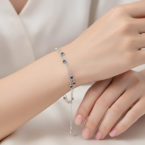 Mavi Safir Taşlı Lotus Çiçeği Tasarımlı Rodaj Kaplama Gümüş Bileklik